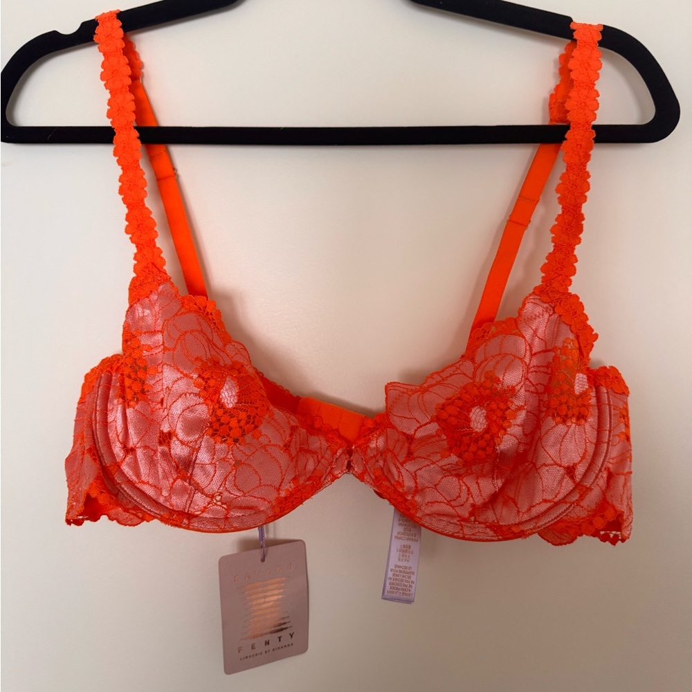 Fenty Beauty Bright Orange Floral Lace Underwire Bra